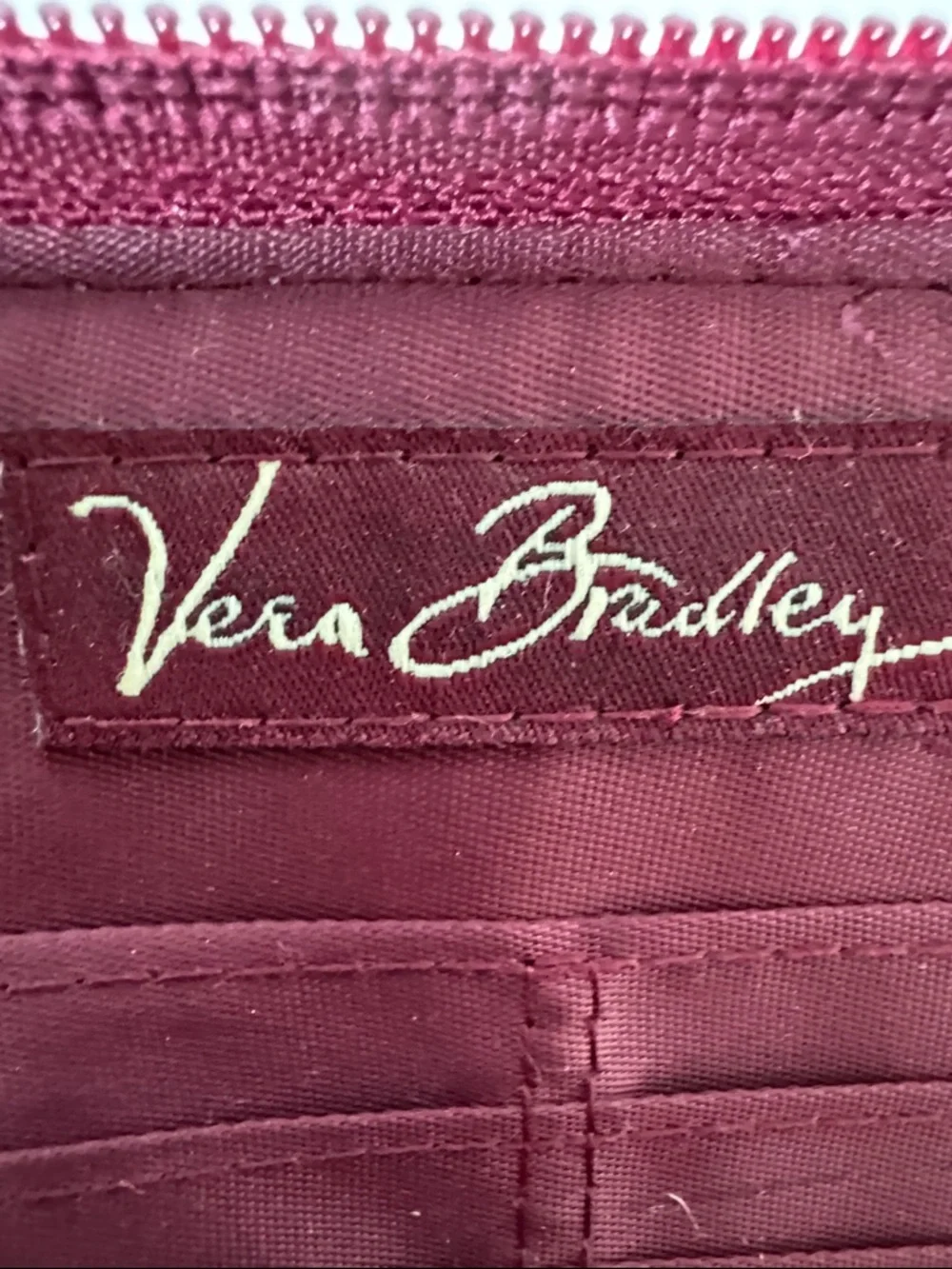 Vera Bradley burgundy and pink paisley fabric wallet with wrist strap. - Picture 2 of 8
